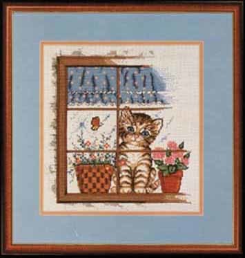 Схема вышивания крестом - Котёнок в окне